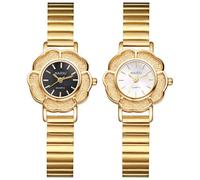 JewelryWe Reloj de pulsera para mujer, oro y acero inoxidable, diseño de flores, analógico, de cuarzo, correa de acero inoxidable, pequeño reloj informal con bisel de flores y escala de barras, Gold -