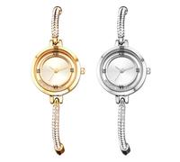 JewelryWe Reloj de pulsera para mujer pequeño con diamantes de imitación, analógico, de cuarzo, con números romanos y correa de metal ajustable, Juego de 2 unidades