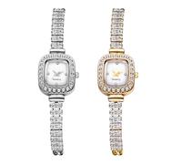 JewelryWe Reloj de pulsera para mujer, pequeño reloj cuadrado con brillantes, analógico, de cuarzo, pulsera de lujo, con esfera cuadrada de nácar y correa de metal ajustable, Juego de 2 unidades