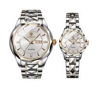 JewelryWe - Reloj de pulsera para parejas, analógico, de cuarzo, con calendario, resistente al agua hasta 30 m, con correa de acero inoxidable, para hombre y mujer, con detalles de cristal en la