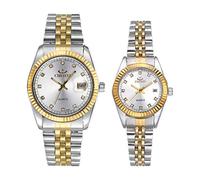 JewelryWe - Reloj de pulsera para parejas, analógico, de cuarzo, con calendario, resistente al agua hasta 30 m, con correa de acero inoxidable, para hombre y mujer, con detalles de cristal en la