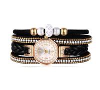 JewelryWe Reloj de Pulsera Trenzado de Cuero para Mujer, Reloj Analógico de Cuarzo con Diamantes, Reloj Bohemio Vintage con Cuentas, Correa Multicapa con Diamantes, Regalo para Enamorada, Negro