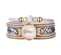 JewelryWe Reloj de Pulsera Trenzado de Cuero para Mujer, Reloj Analógico de Cuarzo con Diamantes, Reloj Bohemio Vintage con Cuentas, Correa Multicapa con Diamantes, Regalo para Enamorada, Blanco