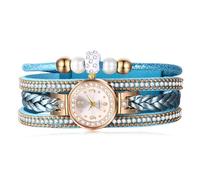 JewelryWe Reloj de Pulsera Trenzado de Cuero para Mujer, Reloj Analógico de Cuarzo con Diamantes, Reloj Bohemio Vintage con Cuentas, Correa Multicapa con Diamantes, Regalo para Enamorada, Azul