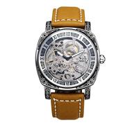 JewelryWe Reloj Mecánico Automático Hombre: Reloj de Pulsera de Cuarzo Analógico Retro Caja de Redondo Esfera de Engranaje Esquelética Correa Cuero Reserva de Marcha de 36 Horas - para Regalo