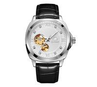 JewelryWe Reloj mecánico automático para hombre: correa de cuero con esfera redonda y manecillas luminosas, cuerda automática, sin batería, se adapta a 7.4 a 9.05 pulgadas, accesorio casual de