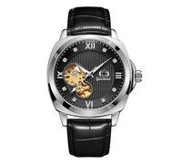 JewelryWe Reloj mecánico automático para hombre: correa de cuero con esfera redonda y manecillas luminosas, cuerda automática, sin batería, se adapta a 7.4 a 9.05 pulgadas, accesorio casual de