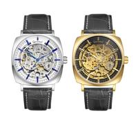 JewelryWe Reloj mecánico automático para hombre, resistente al agua, 30 m, analógico, automático, correa de piel auténtica, reloj de esqueleto, Square - Set de 2, Correa