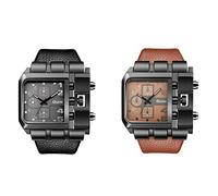 JewelryWe Reloj militar para hombre con esfera cuadrada grande reloj de cuarzo deportivo casual reloj de pulsera de cuero, 2 unidades.