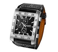 JewelryWe Reloj Motero Punk Rock Grande de Cuero para Hombre, Cuadrado Exagerado, Cuarzo Analógico, Escala de Barras, Correa Blanda, Negro