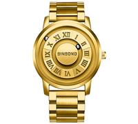 JewelryWe Reloj Redondo Estanco Hombre: Oro Correa de Acero Inoxidable Escala Numérica Romana Sin Diseño de Bola Manual de Empresarial Relojes - para Ocio Negocios Regalos