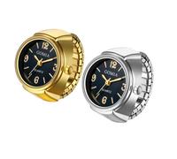 JewelryWe Reloj unisex con anillo de dedo: banda elástica dorada retro, para hombres y mujeres, esfera redonda negra, analógico, ligero, novedoso, para oficina diaria para el día del padre, Pequeño