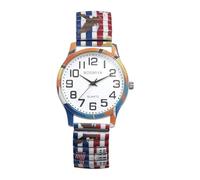 JewelryWe Reloj unisex con banda elástica: reloj de pulsera analógico de cuarzo con números arábigos para hombre y mujer, fácil de leer, para 250 aniversario del Día de la Independencia, Rojo Azul