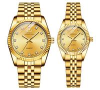 JewelryWe Relojes de lujo para pareja, tono dorado, plateado, de acero inoxidable, calendario, reloj de pulsera con diamantes de imitación, para aniversario, boda, dorado, (Rhinestone Gold)