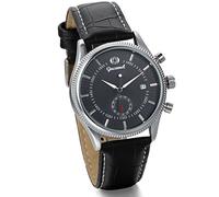 JewelryWe Relojes mecánicos Hombre, Negro Visualización Calendario, Puntero Negro, Pulsera de Cuero Negro