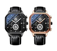 JewelryWe Relojes para hombre, cuadrados, analógicos, luminosos, de cuarzo, con calendario, correa de piel fresca, 2 unidades, Correa