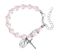 JewelryWe Rosario pulsera de perlas para mujer, cristiana, Virgo María, cruz de acero inoxidable, pulsera ajustable, pulsera de cadena, joya para primera comunión, confirmación, regalo, Concha