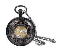 jewelrywe Vintage Reloj de bolsillo Hombre cuerda manual mecánico esqueleto reloj Cadenas con collar cadena para colgar Reloj Pocket Watch Día del Padre regalo negro