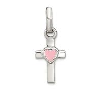 JewelryWeb Collar con colgante de corazón de plata de ley 925 chapada en rodio de 7,42 mm con cruz religiosa esmaltada rosa para mujer, talla única, Metal esmaltado metal Rodio, No es una piedra