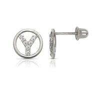 Jewelryweb Pendientes de tuerca de oro blanco macizo de 14 quilates con circonita cúbica pequeña, círculo de diamantes de imitación de la A a la Z, nombre personalizado con monograma inicial de rosca
