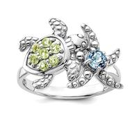 JewelryWeb Pulsera de plata de ley 925 con peridoto de rodio y topacio azul suizo, tortuga y concha de mar, estrella de mar náutica, 19 mm de ancho, para mujer, 0.70 centimeters, Gema Metal Topacio