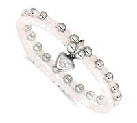 JewelryWeb Pulsera elástica de 2 hebras de acero inoxidable pulido con corazón de amor de cuarzo rosa de 5 mm para mujer, talla única, Gema Metal Acero inoxidable, cuarzo rosa