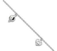 JewelryWeb Tobillera de plata de ley 925 con cierre de langosta pulido, corazones y signo de paz, tobillera de 9 pulgadas para mujer
