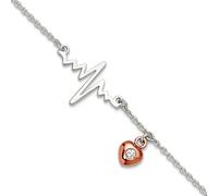 JewelryWeb Tobillera de plata de ley 925 de 14 mm, tono rosa, circonita cúbica, corazón y latido del corazón, más extensión de 3 centímetros, tobillera para mujer