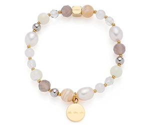 JEWELS BY LEONARDO Hope 022633 - Pulsera elástica de acero inoxidable dorado con colgante de perlas de agua dulce, ágata y concha, 20,5 cm de longitud, regalo para mujer, Eine Grösse, Acero inoxidable