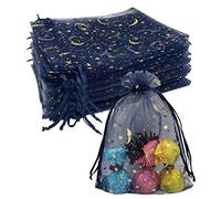 Jexila 100 bolsas de organza azul marino de 4 x 6 pulgadas con estrellas de luna, bolsas de regalo pequeñas de malla para bodas, fiestas, dulces