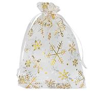 Jexila 100 bolsas de organza de Navidad de 5 x 7 pulgadas, bolsas de regalo de joyería con cordón de copo de nieve para Navidad, bodas, fiestas, regalos (dorado)