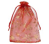 Jexila 100 bolsas de organza de Navidad de 5 x 7 pulgadas, color rojo con diseño de copo de nieve, de malla, con cordón, bolsas de regalo para Navidad, bodas, fiestas, regalos
