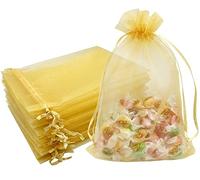 Jexila 100 bolsas de organza doradas de 5 x 7 pulgadas con cordón para joyas, bolsas de regalo de malla para bodas, fiestas, baby shower, pequeñas bolsas de regalo de dulces