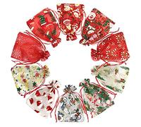 Jexila 24 bolsas de regalo de organza de Navidad de 4 x 6 pulgadas con cordón, 11 patrones mixtos, bolsas de regalo de Navidad
