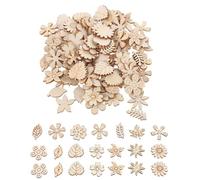 JEXOWIQ 100 Piezas Cortes de Madera Natural Flores y Hojas Figuras de Madera para Manualidades Decoración del Hogar Pintura Apliques de Madera Decorativos Formas Mezcladas
