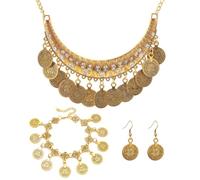 JEXOWIQ 4 Piezas Conjunto Collar y Pendientes Pulsera de Moneda,Juegos de joyas para mujer,Conjuntos de Bisutería Bohemia Mujer, Collar de Moneda Étnico Danza Del Vientre Adivino