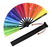 Jeyeou Abanico de mano Rainbow Rave Pride Glitter holográfico grande plegable de mano para festival Clack plegable de seda con funda de tela para baile, actuación, boda, decoración de fiestas, regalo
