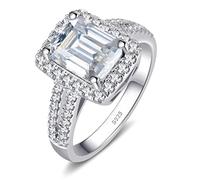 JEYHLOPX Anillo de compromiso con halo de moissanita auténtica de corte esmeralda de 4 quilates para mujer, color D, diamante creado en laboratorio VVS1, plata de ley 925 con oro blanco de 18 quilates