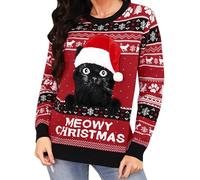 Jezonga Jersey Navideño para Mujer Suéter Feo Rojo con Cuello Redondo Funny Cat