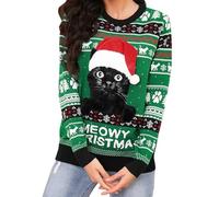 Jezonga Jersey Navideño para Mujer Suéter Feo Rojo con Cuello Redondo Funny Cat