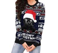 Jezonga Jersey Navideño para Mujer Suéter navideño Feo para Mujer Suéter Rojo con Cuello Redondo para Mujer Funny Cat