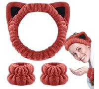 JFAN 3 Piezas Diadema Y MuñEqueras EláStica Diadema Mujer MuñEqueras Para Desmaquillar Headband Para Yoga Ejercicio Spa Lavado de Cara(Rojo,Talla única)