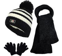 JFAN 3in1 Conjunto de Gorro Guantes y Bufanda de Invierno para Niños Gorro de Punto Invierno Térmico con Pompon Gorro Invierno Niña de Chenille con Forro 1-5 Años,Negro