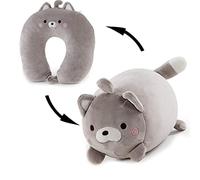 JFAN Almohada de Viaje, 2 en 1 Almohada Cuello Viaje, Convertible Cojin Cuello Viaje Patrón de Animales para Avión Tren, Gato