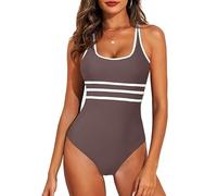 JFAN Bañadores Mujer Reductores Barriga Traje de Baño Mujer de Una Pieza Cintura Alta Cuello en U Bañadores Ropa de Baño Push Up de Playa de Chaleco,Café,S