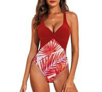 JFAN Bañadores Mujer Reductores Barriga Traje de Baño Mujer de Una Pieza Cuello en V Sexy Push Up Bañadores Cruzado Corbata Ropa de Baño de Playa de Chaleco,Rojo L