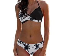 JFAN Bikini Elegante Traje de Baño Conjunto Bañador Halter Sexy Sólido para Mujer Ropa de Playa Traje de Baño Bikini Sets Talla Grande (Hojas Negras,L)