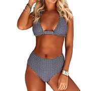 JFAN Conjuntos de Bikini para Mujer Verano Trajes de Baño de Dos Piezas de Cuello Halter Bañadores de Push Up Adelgazar de Cintura Alta Mujer Bikini Sets（E-Rejilla Negra,M