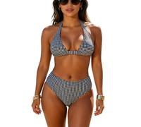 JFAN Conjuntos de Bikini para Mujer Verano Trajes de Baño de Dos Piezas de Cuello Halter Bañadores de Push Up Adelgazar de Cintura Alta Mujer Bikini Sets（E-Rejilla Negra,S
