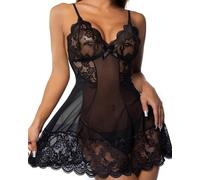 JFAN Lenceria Mujer Pijama Mujer Camisón de Encaje Lingerie con Bordados Conjunto Elegante Mujer Bodydoll Ropa Interior Dormir Vestido y Tangas Negro